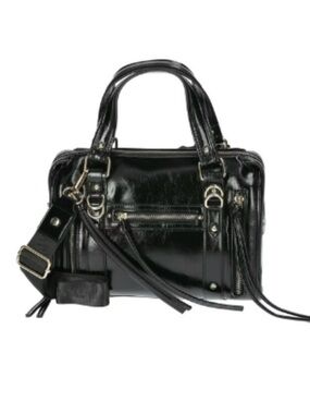 Madden NYC Women's Zipper Satchel Handbag,/crossbody Black Shine & gold hardware